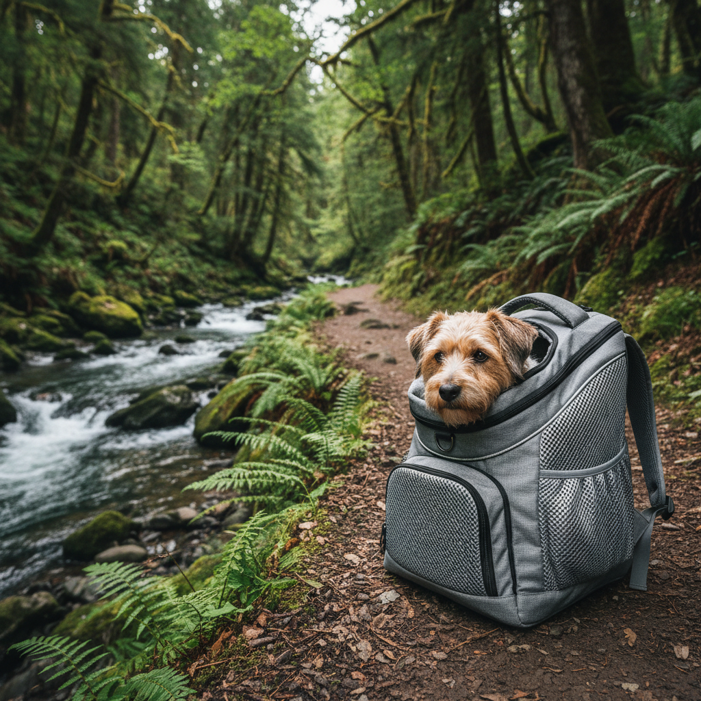 푸른 숲이 우거진 등산로에서 작은 강아지가 통기성 좋은 메쉬 소재의 회색 백팩 안에 편안하게 앉아 있는 모습이며 자연광 아래 견고한 박음질과 통풍 구조가 강조된 사진.