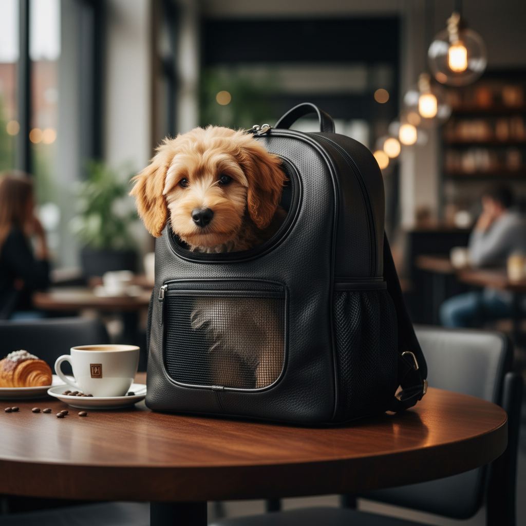 세련된 카페의 원목 테이블 위에 놓인 미니멀한 디자인의 블랙 가죽 반려동물 백팩으로 고급스러운 가죽 질감과 옆면 메쉬 사이로 고개를 내민 강아지의 귀여운 모습.