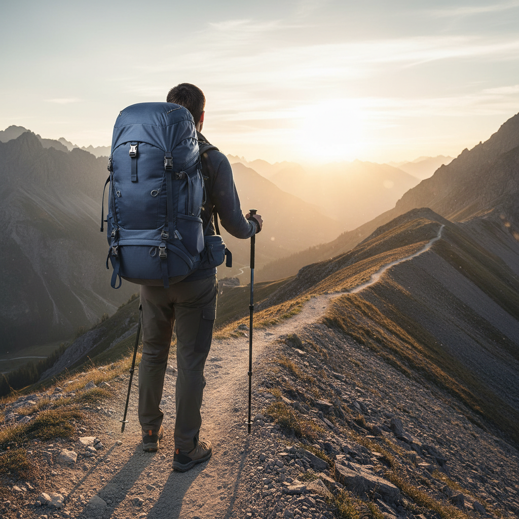 두툼한 어깨 패드와 가슴 버클이 달린 네이비 블루 백팩을 착용한 사람의 뒷모습으로 장시간 보행 시에도 편안함을 주는 인체공학적 설계와 무게 분산을 시각적으로 보여주는 구도.