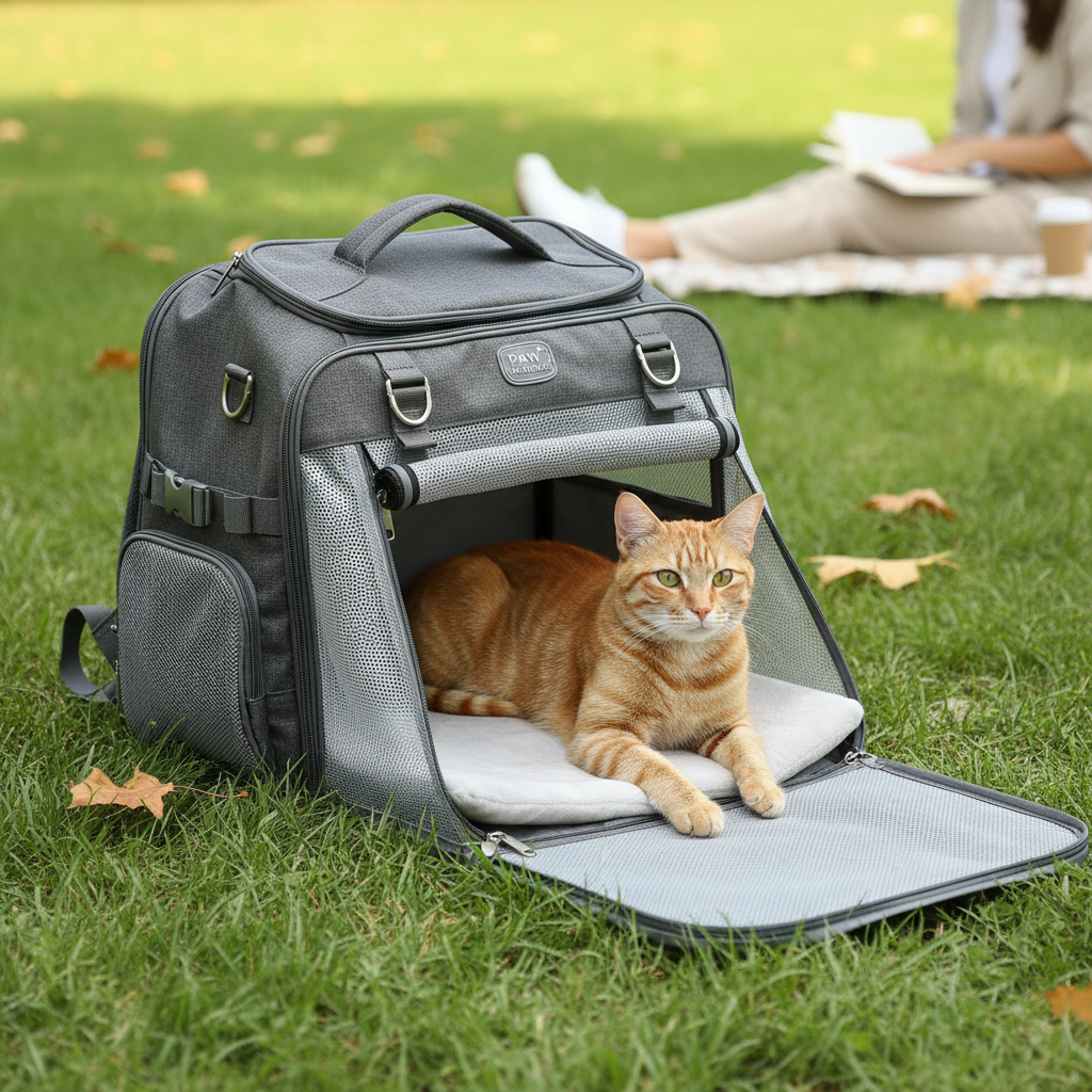 공원 잔디밭 위에서 확장형 기능을 사용해 텐트처럼 넓게 펼쳐진 반려동물 백팩에서 고양이가 그 안에서 자유롭게 휴식을 취하는 모습을 담은 다기능성 강조 사진.