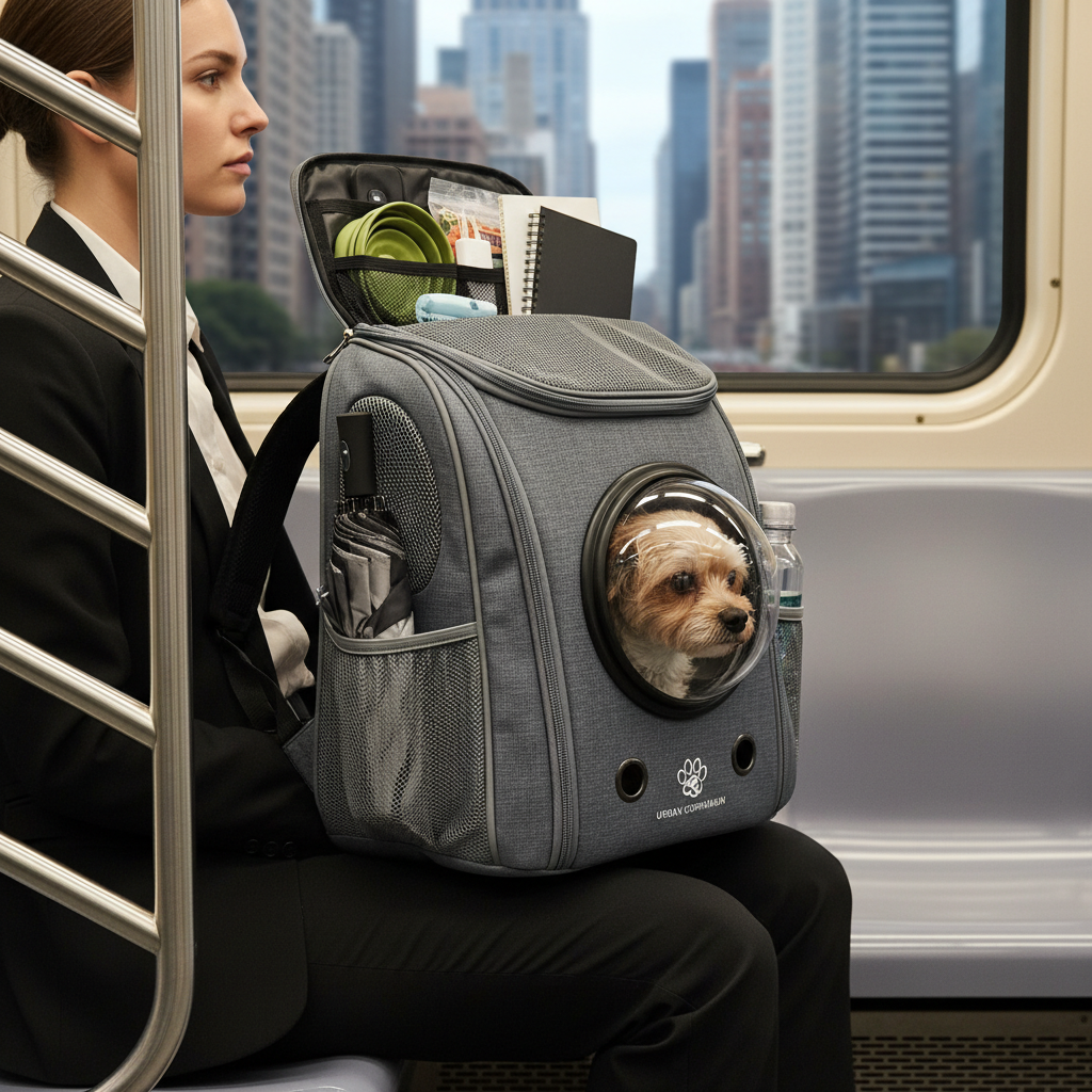 지하철이나 버스 안에서 무릎 위에 안정적으로 놓인 콤팩트한 사이즈의 반려동물 백팩으로 도시 생활에서의 이동 편의성과 실용적인 수납 공간을 보여주는 측면 샷.