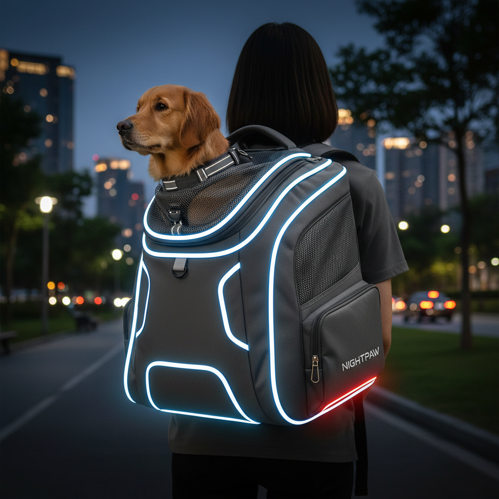어두운 저녁 야외에서 밝게 빛나는 반사 띠와 LED 조명이 부착된 반려동물 백팩으로 야간 산책 시의 안전성과 시인성을 강조한 현대적이고 기능적인 고해상도 이미지.